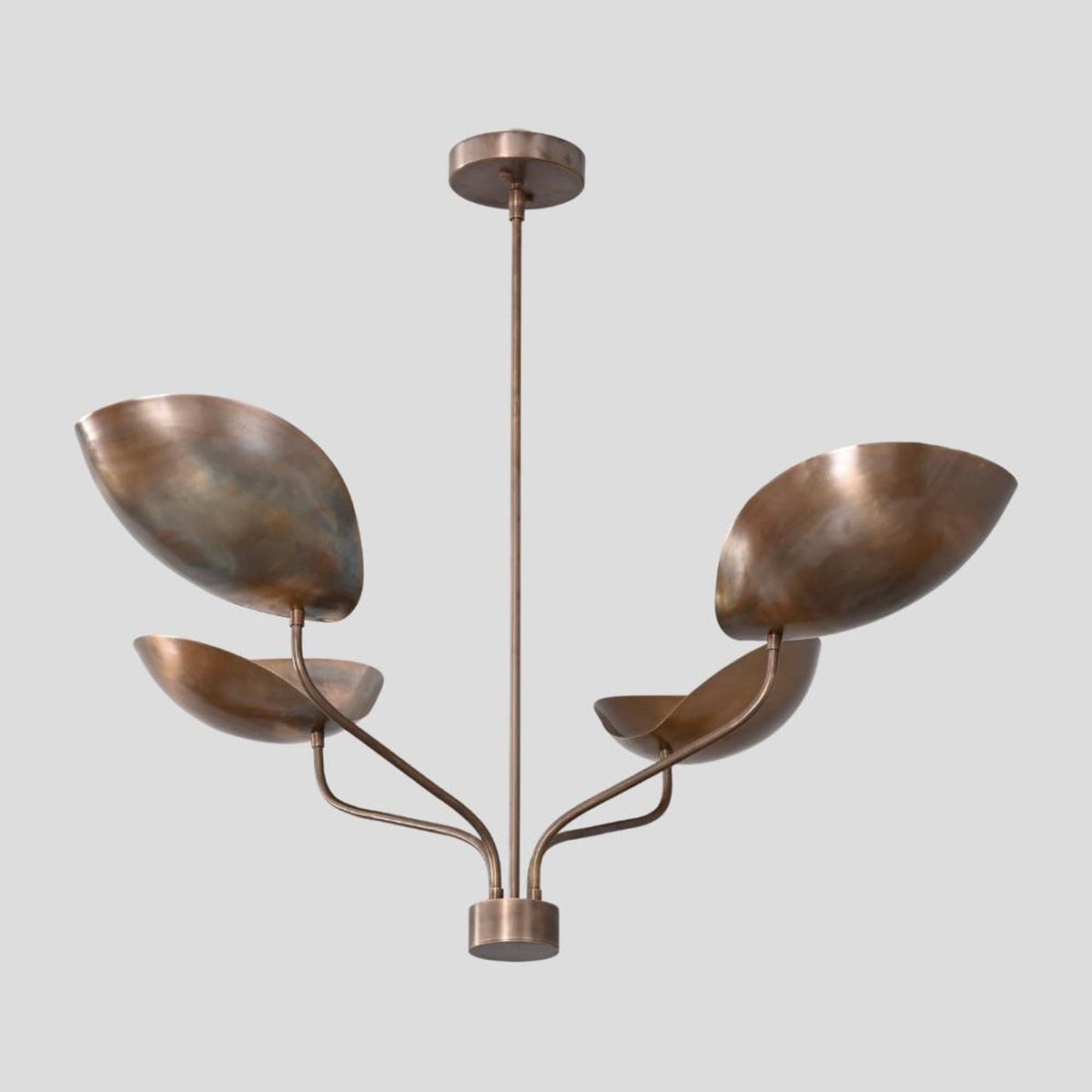 Modern handmade brass chandelier with unique bowl-shaped shades, perfect for dining, living, or entry spaces