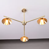 Handmade modern brass ceiling chandelier with three angled cone shades and sleek geometric arms.