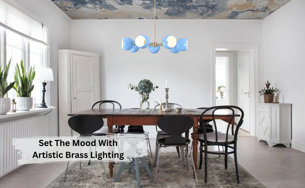 Modern brass chandelier with six blue globe shades – front view against white background.