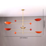 Contemporary 5-light chandelier with red enamel bowls and modern brass arms, 61x35 inches