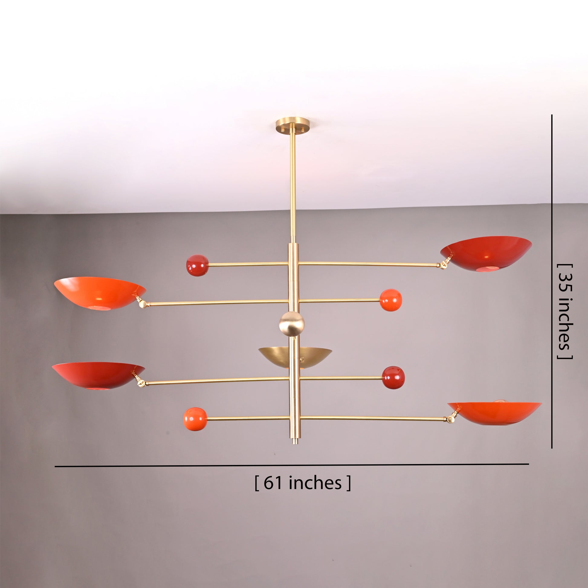 Contemporary 5-light chandelier with red enamel bowls and modern brass arms, 61x35 inches