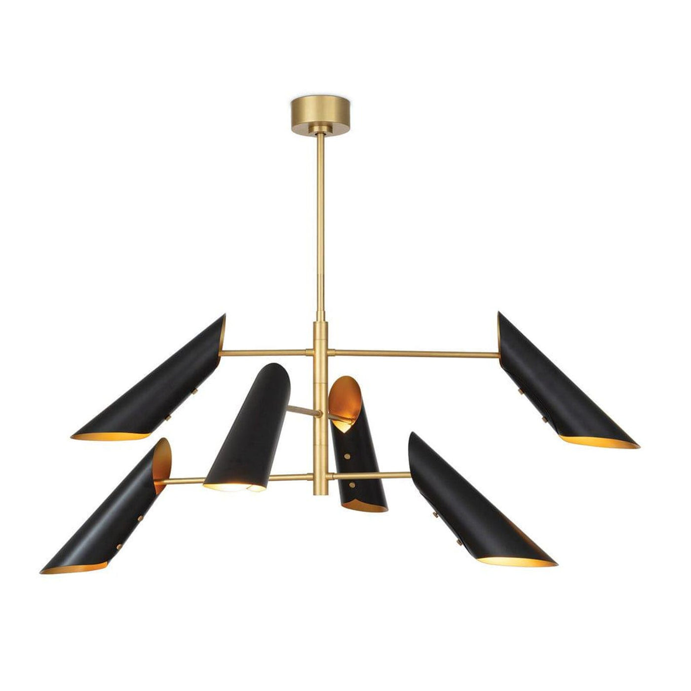 Modern 6 light brass cone chandelier with matte black shades and brushed brass arms by Brass Leaf Studio