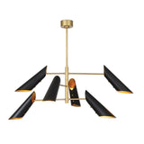 Modern 6 light brass cone chandelier with matte black shades and brushed brass arms by Brass Leaf Studio