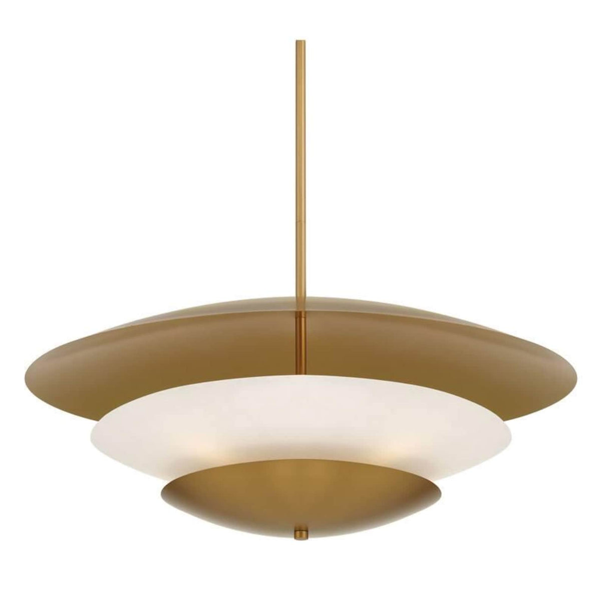 Modern 4-light brass disc chandelier 24 inch diameter with layered bowl shades and warm ambient lighting