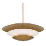 Modern 4-light brass disc chandelier 24 inch diameter with layered bowl shades and warm ambient lighting