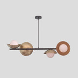 Modern brass disc chandelier with bowl-shaped shades and three lights in a linear design, handmade by Brass Leaf Studio.