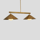Minimalist brass pendant chandelier featuring two wide cone shades with warm ambient glow, perfect for kitchen islands or dining areas.