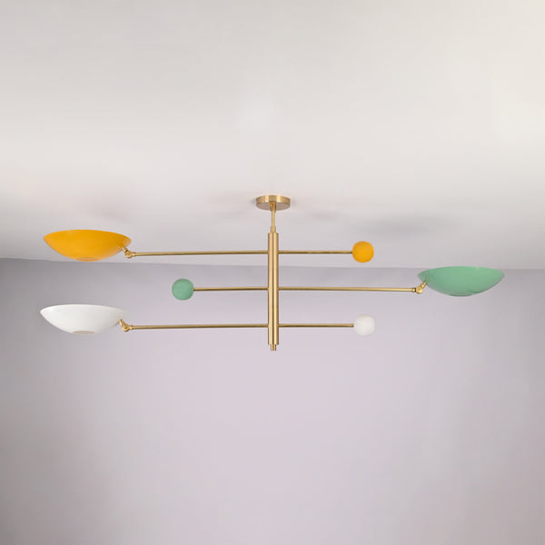 Modern brass flush mount ceiling light with multicolor bowl shades arranged in balanced geometric symmetry