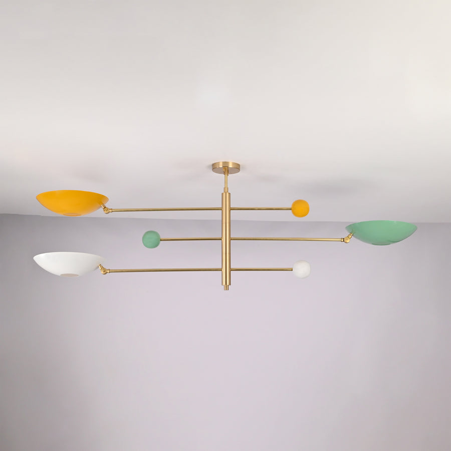 Modern brass flush mount ceiling light with multicolor bowl shades arranged in balanced geometric symmetry