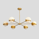 Modern brass globe chandelier with six opal glass shades, handmade ceiling light fixture in brushed brass finish.