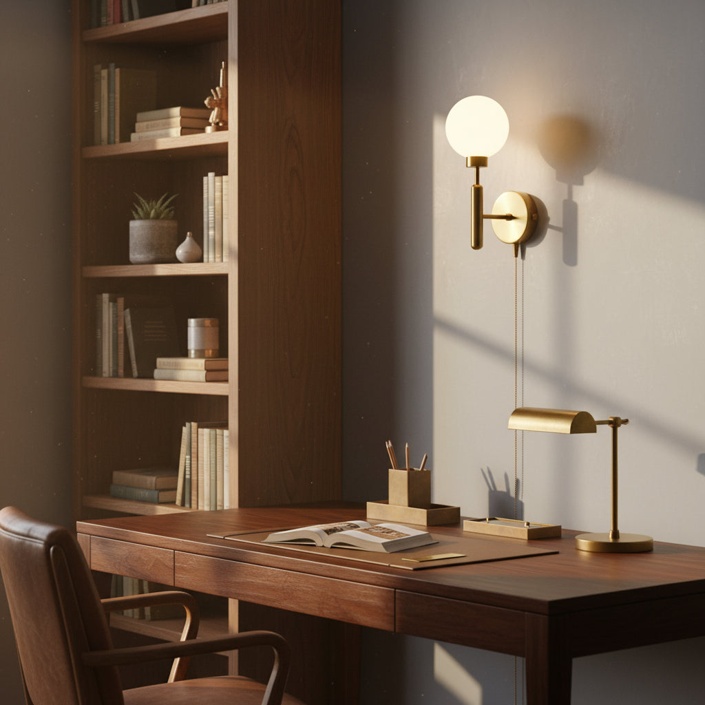 Modern brass globe wall light with round canopy, vertical stem, pull chain control, and soft warm ambient illumination