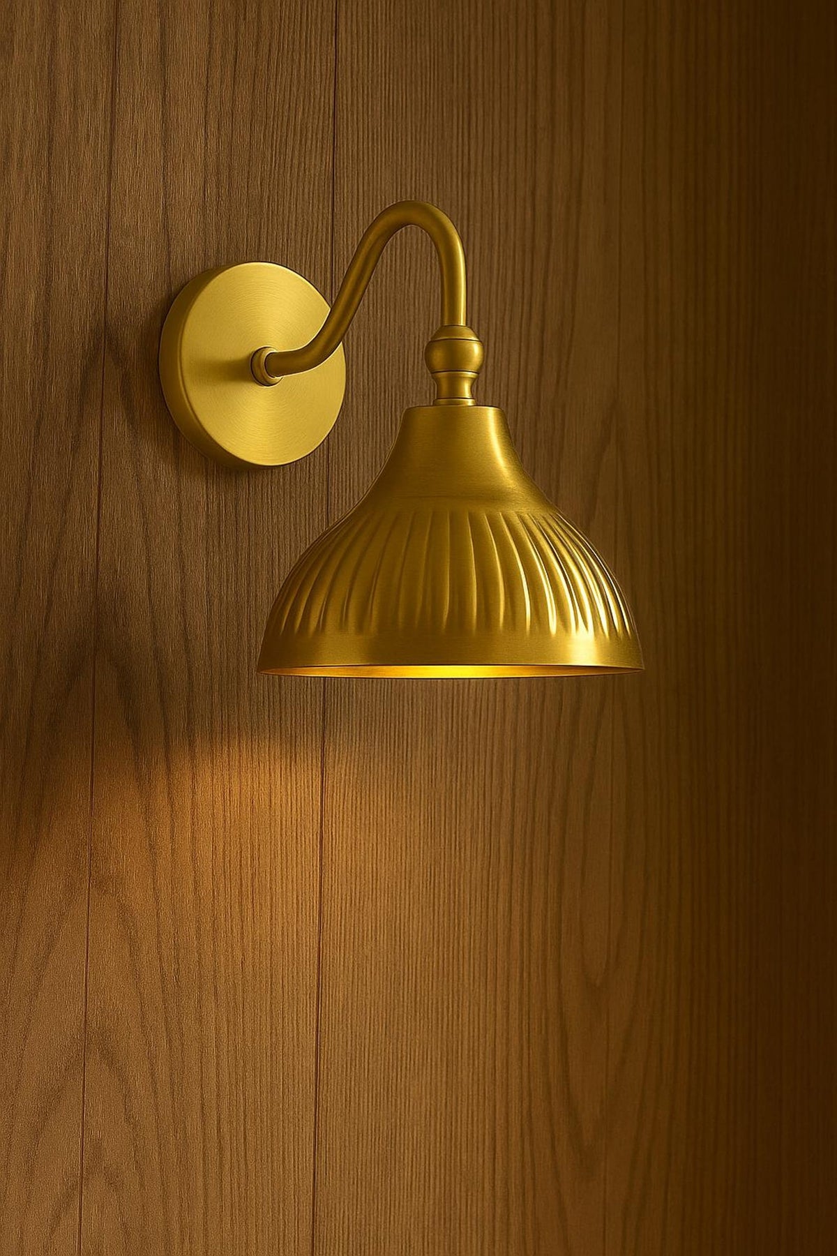 Handcrafted brass dome wall sconce with ribbed detailing installed on white marble wall surface.