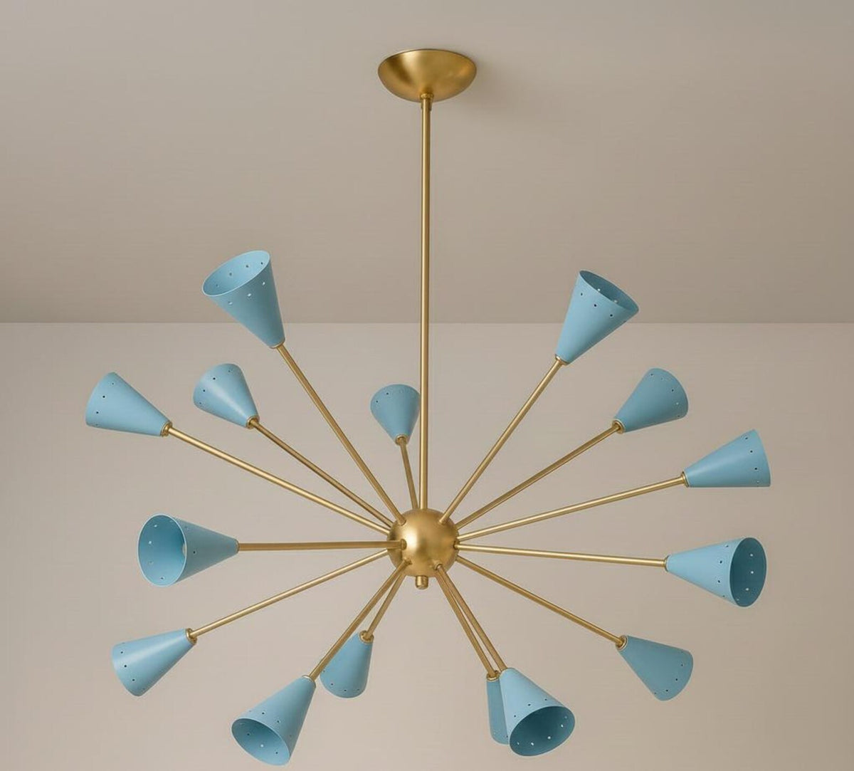 Modern brass Sputnik chandelier with blue cone shades radiating from a solid brass center hub