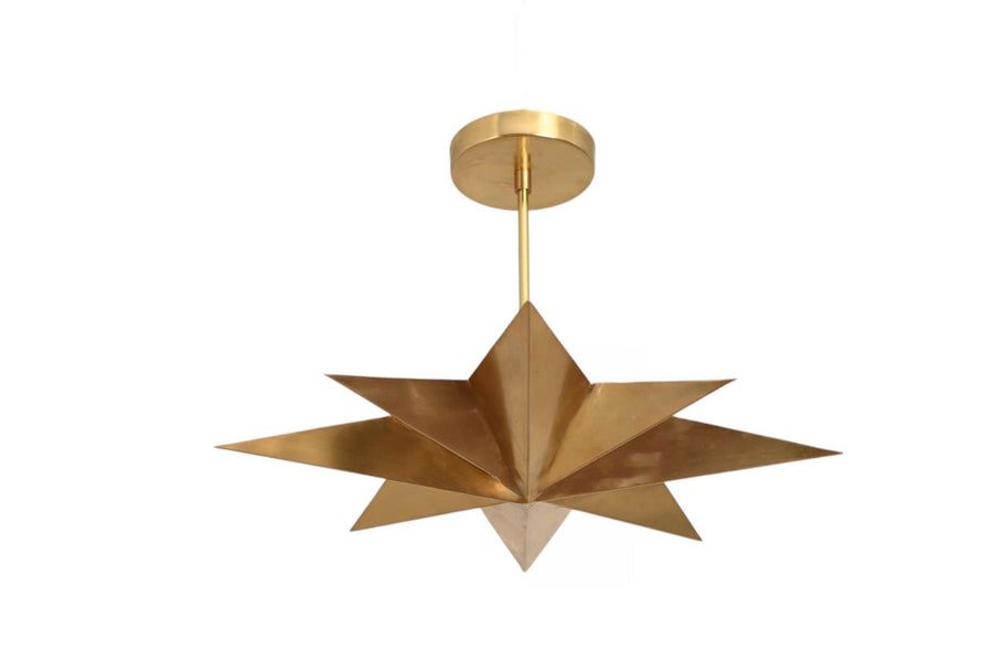 Modern 4 light brass star chandelier front view with geometric sputnik design and solid brass ceiling mount