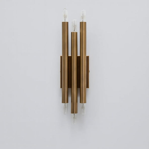 Handcrafted modern brass vertical wall lamp with six exposed E26 bulbs and symmetrical tube design
