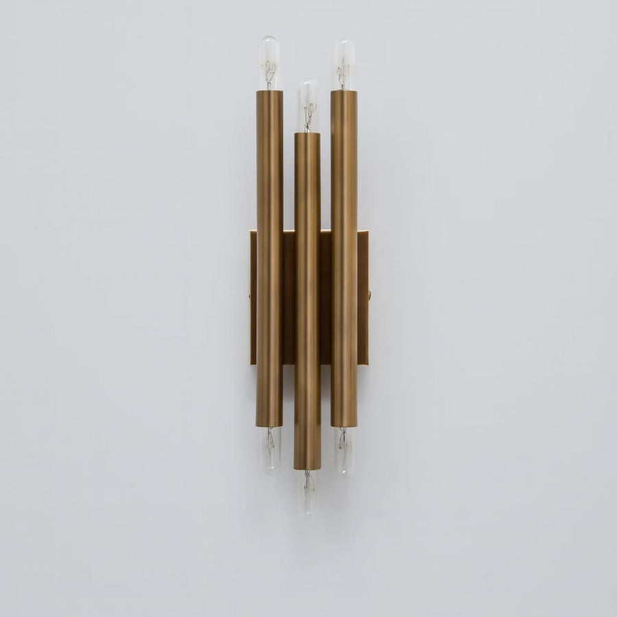 Handcrafted modern brass vertical wall lamp with six exposed E26 bulbs and symmetrical tube design