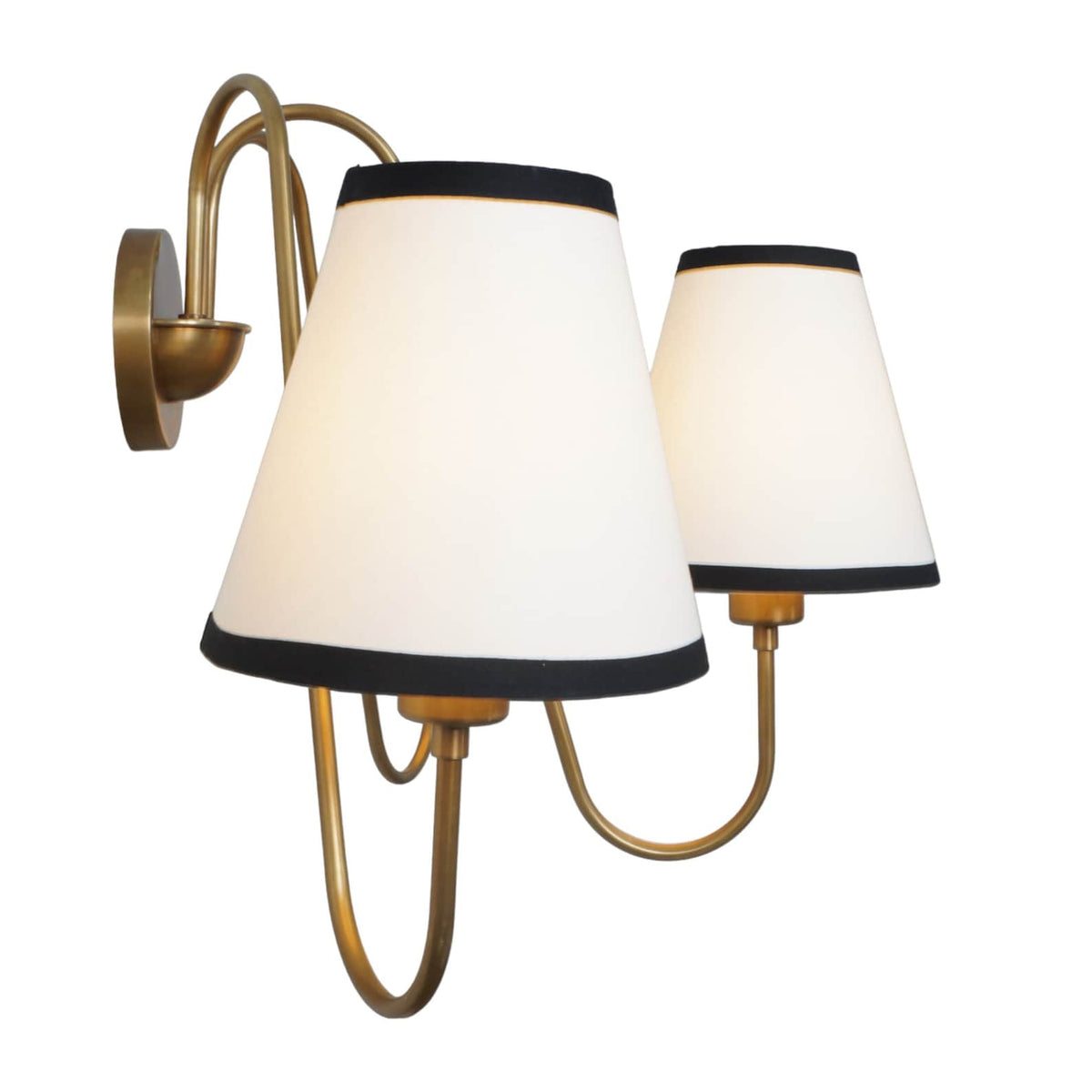 Side view of modern brass wall sconce with white cone shades and black trim – handcrafted by Brass Leaf Studio