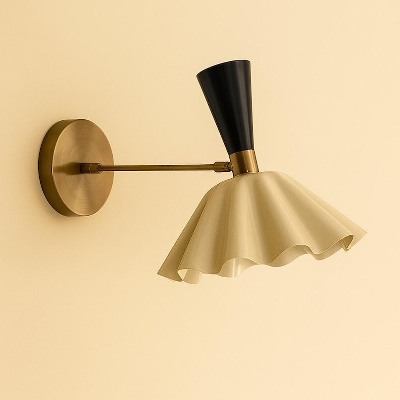 Modern brass wall sconce with fluted cream shade and black accent top, industrial mid century single light fixture by Brass Leaf Studio