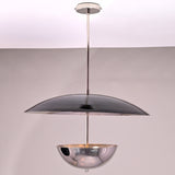 Side view of modern chrome brass chandelier with sculpted disc and bowl-shaped brass form