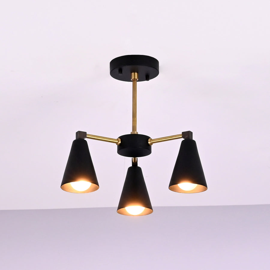 Angled view of modern cone brass ceiling light with balanced three arm configuration