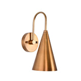 Modern cone wall sconce on clean white background showing curved arm, round canopy, and tapered shade detail