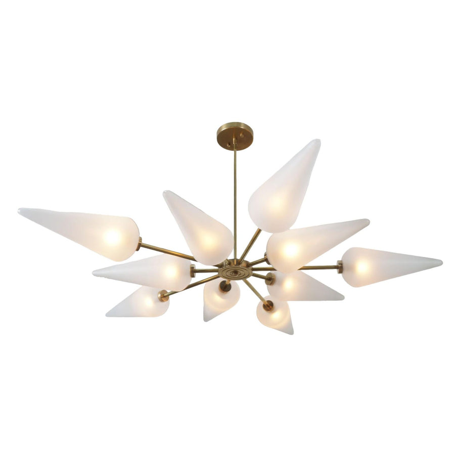 Mid-century cone glass brass chandelier featuring multiple frosted shades and modern brass arms, handcrafted by Brass Leaf Studio.