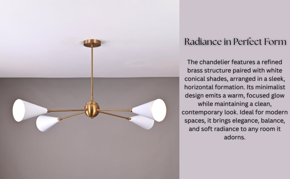 Elegant modern chandelier with white conical shades and satin brass finish – minimalist lighting for refined interiors