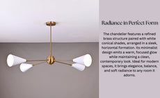 Elegant modern chandelier with white conical shades and satin brass finish – minimalist lighting for refined interiors