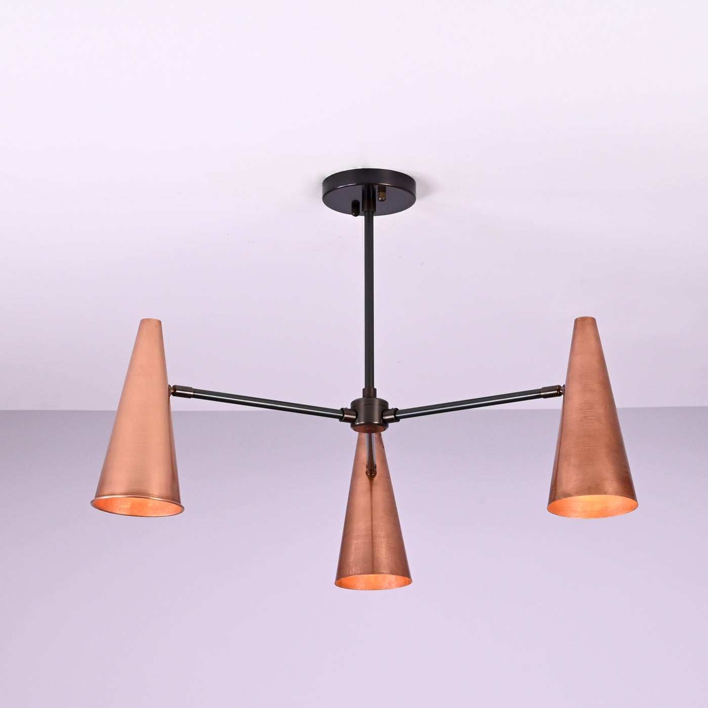 Modern industrial copper cone chandelier with three lights and solid brass construction