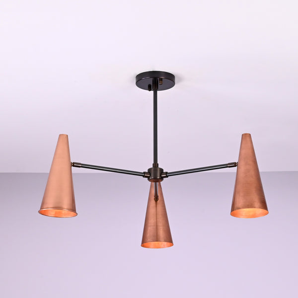 Modern industrial copper cone chandelier with three lights and solid brass construction