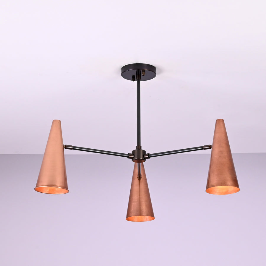 Modern industrial copper cone chandelier with three lights and solid brass construction