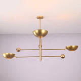 Front view of modern disc style 3 light brass chandelier with bowl shades by Brass Leaf Studio