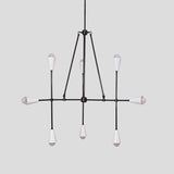 Industrial modern chandelier in black brass with eight white cone lamp shades, handcrafted ceiling light fixture.