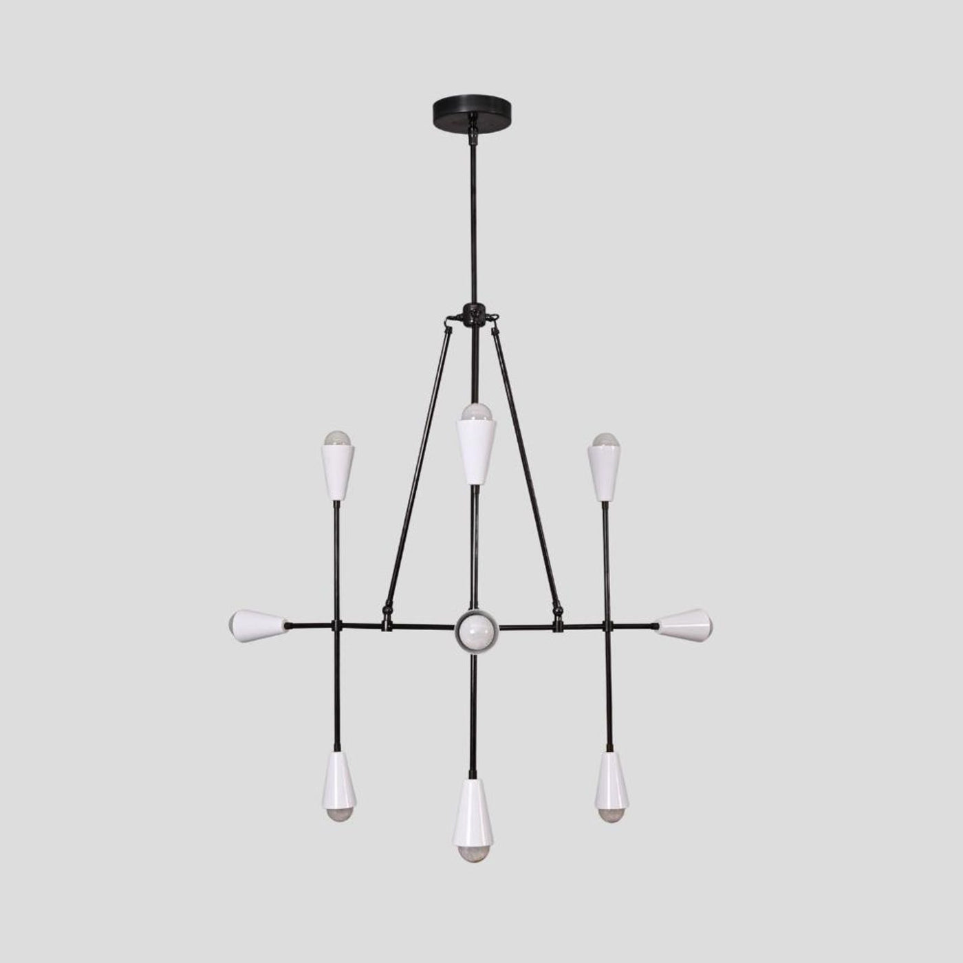 Modern industrial brass chandelier with 8 cone-shaped shades, minimalist pendant light for living room, dining area, or entryway.