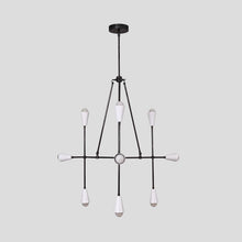 Modern industrial brass chandelier with 8 cone-shaped shades, minimalist pendant light for living room, dining area, or entryway.