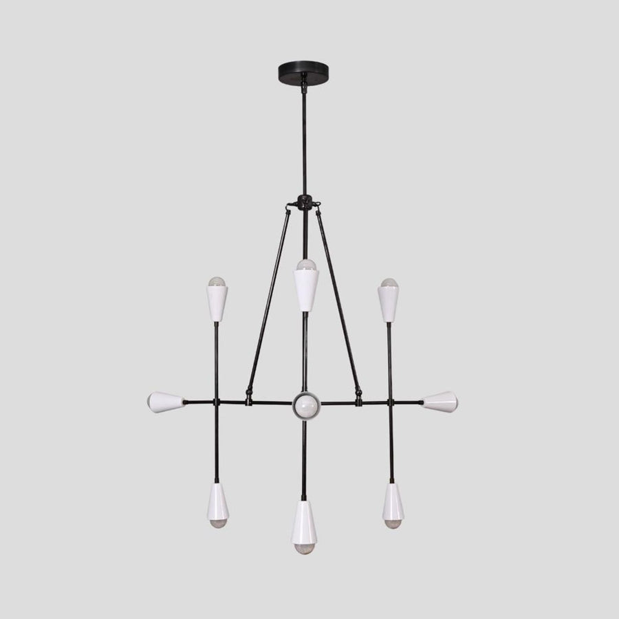 Modern industrial brass chandelier with 8 cone-shaped shades, minimalist pendant light for living room, dining area, or entryway.