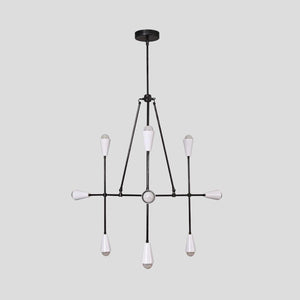 Modern industrial brass chandelier with 8 cone-shaped shades, minimalist pendant light for living room, dining area, or entryway.
