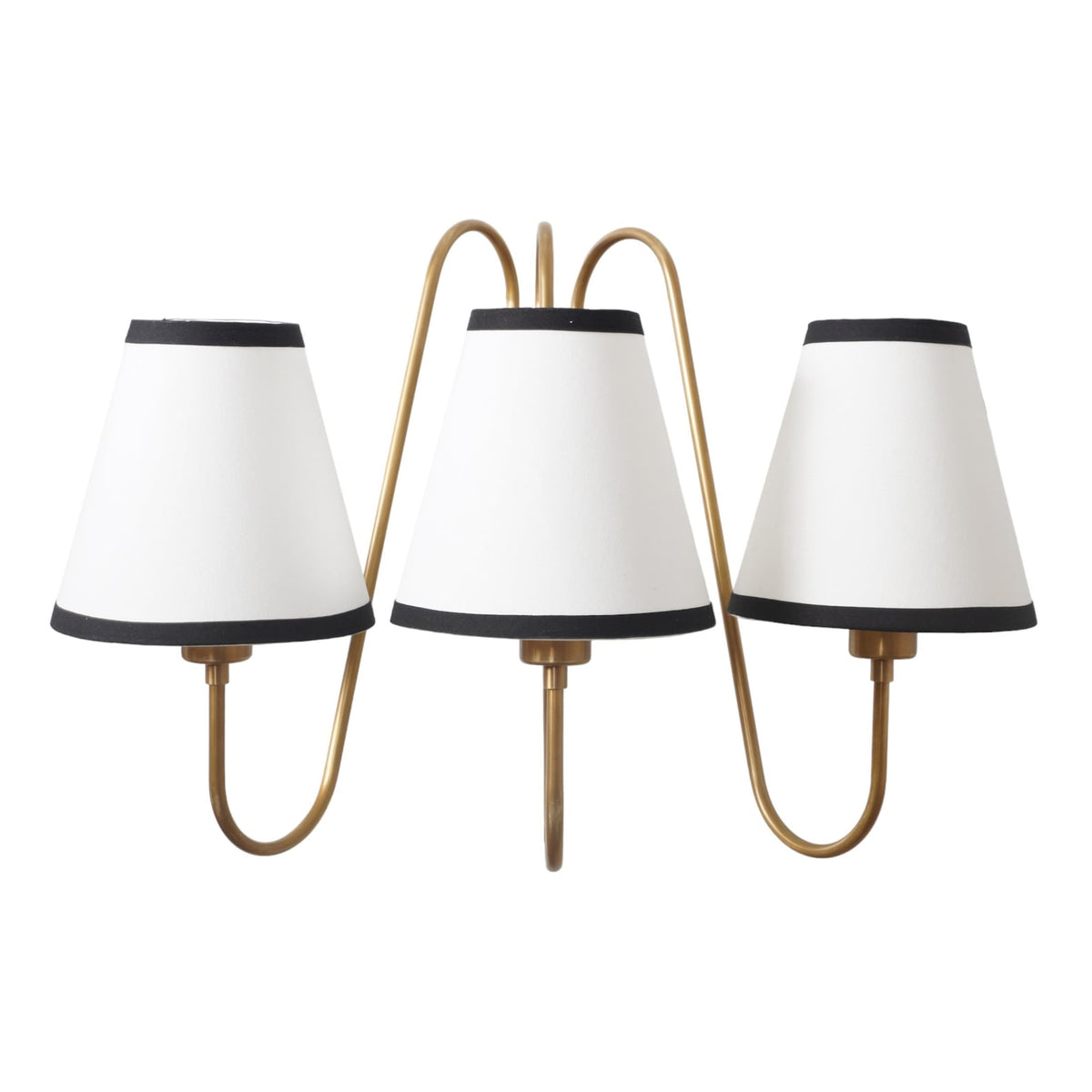 Industrial-style brass wall sconce with three white fabric shades – minimalist handmade design