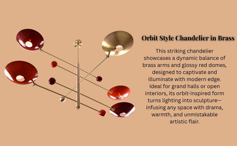 Artistic chandelier with red brass domes lighting up a modern dark-walled room