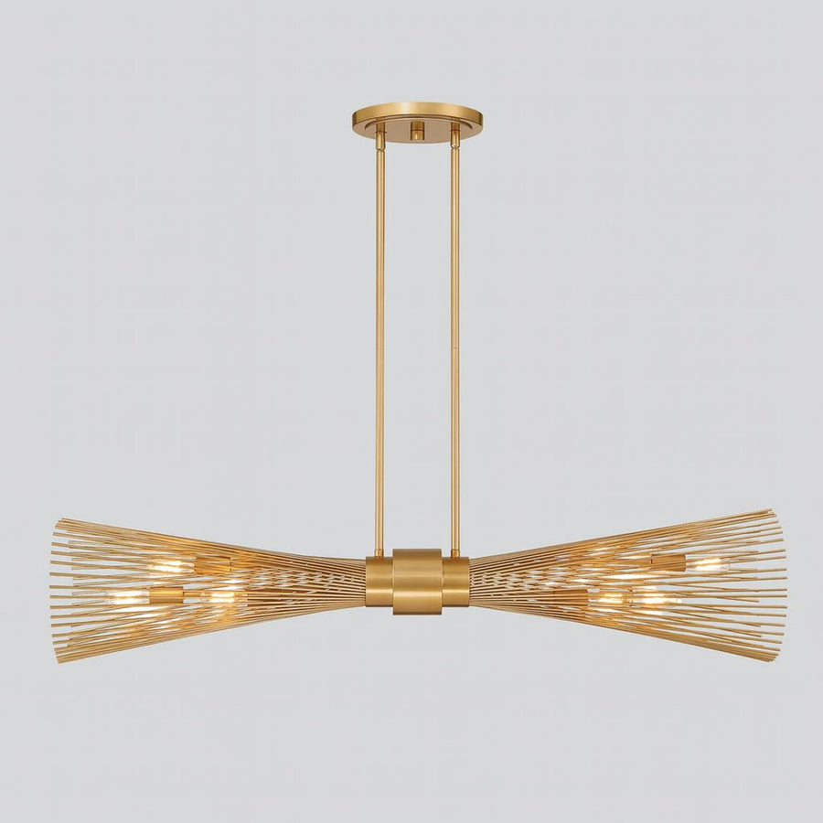 Modern linear brass chandelier with sculptural wire design and brushed brass finish, handcrafted industrial ceiling light