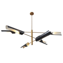 Modern linear brass chandelier with six black metal shades, handcrafted contemporary pendant by Brass Leaf Studio.