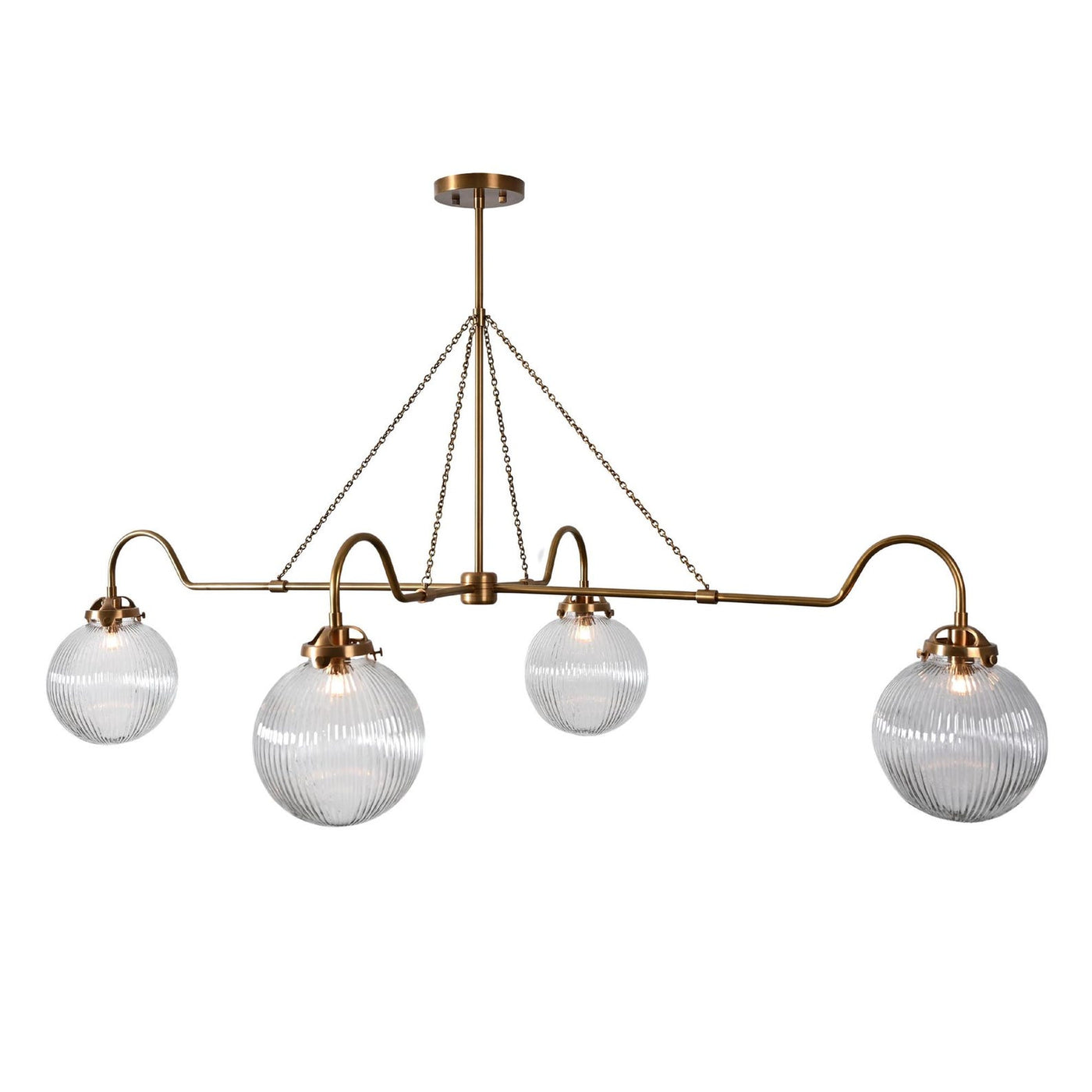 Modern linear brass chandelier with four ribbed glass globes suspended by chains, handcrafted by Brass Leaf Studio for dining or living room interiors.