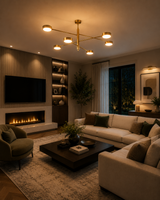 Modern linear disc chandelier shown from angle view with balanced sculptural rod arrangement