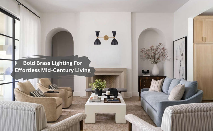 Double brass black wall sconce styled in modern living room interior above fireplace
