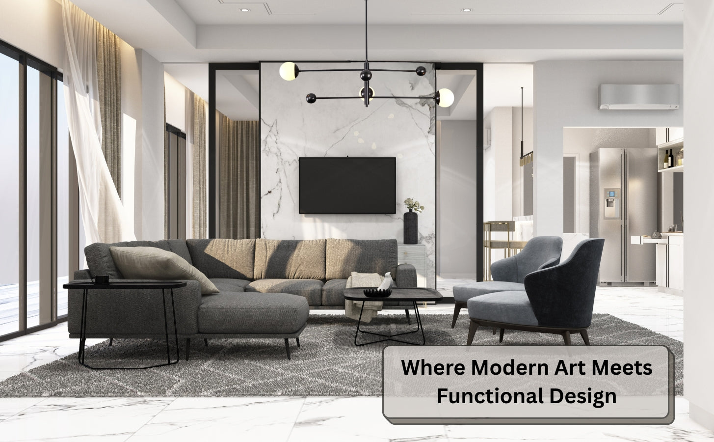 Chandelier as centerpiece in a stylish contemporary living room