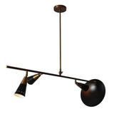 Mid-century modern brass pendant chandelier with three conical shades and elegant suspended rod structure.