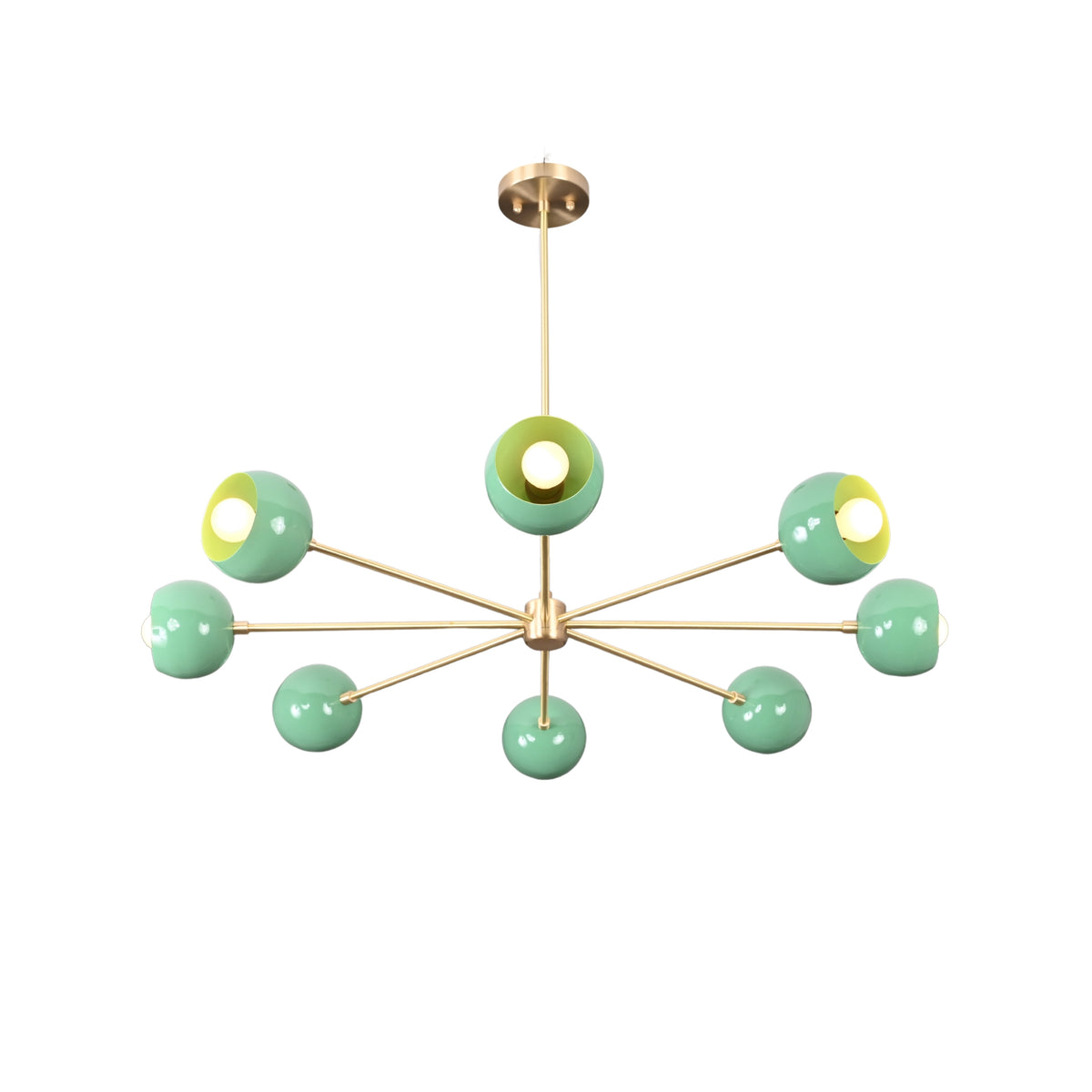 Front view of mint green and brass 8-arm chandelier on white background