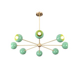 Front view of mint green and brass 8-arm chandelier on white background
