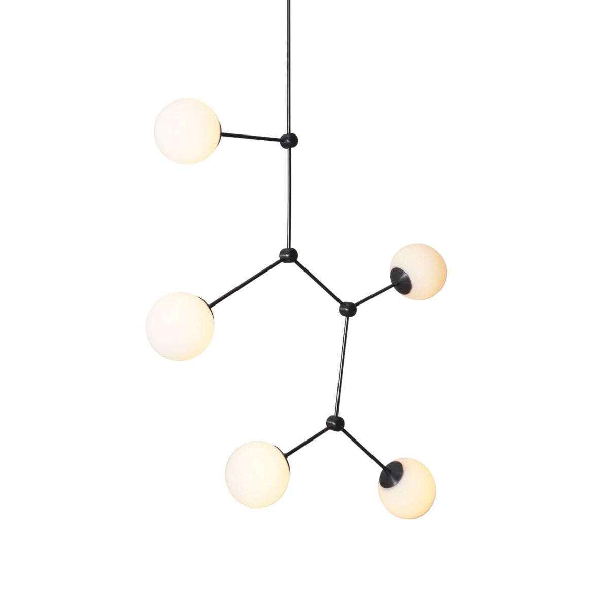 Five-light geometric brass chandelier featuring opal glass shades and minimalist black structure handcrafted by Brass Leaf Studio