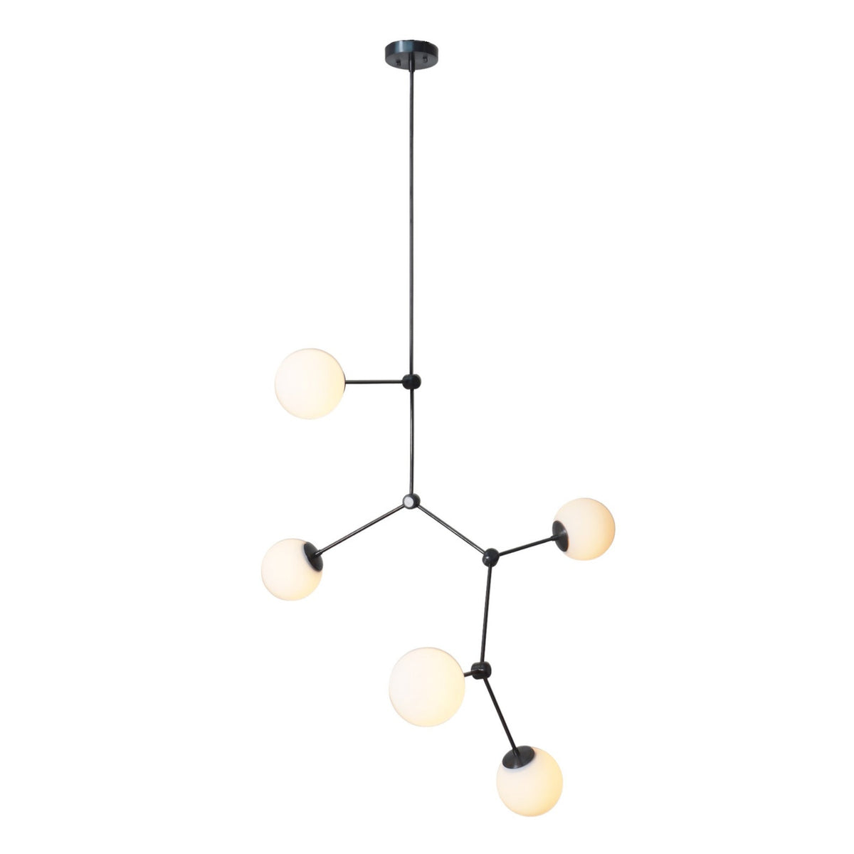 Contemporary molecular pendant chandelier with frosted glass globes and slim brass arms suspended from ceiling